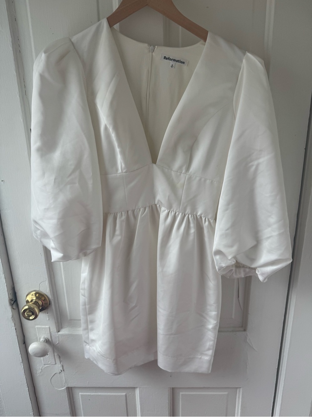 Reformation White Satin V-Neck Puff Sleeve Mini Dress